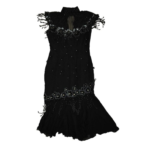 Vintage Silk Beaded Evening Gown By Gene Roye Size 6 Black With Floral Embellish - Picture 1 of 13